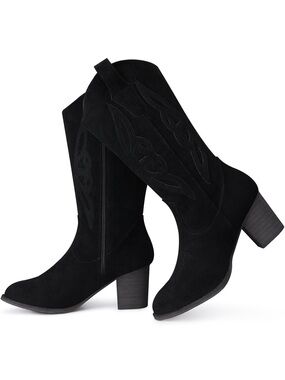 Classic Black Suede Mid-Calf Western Boots - Women